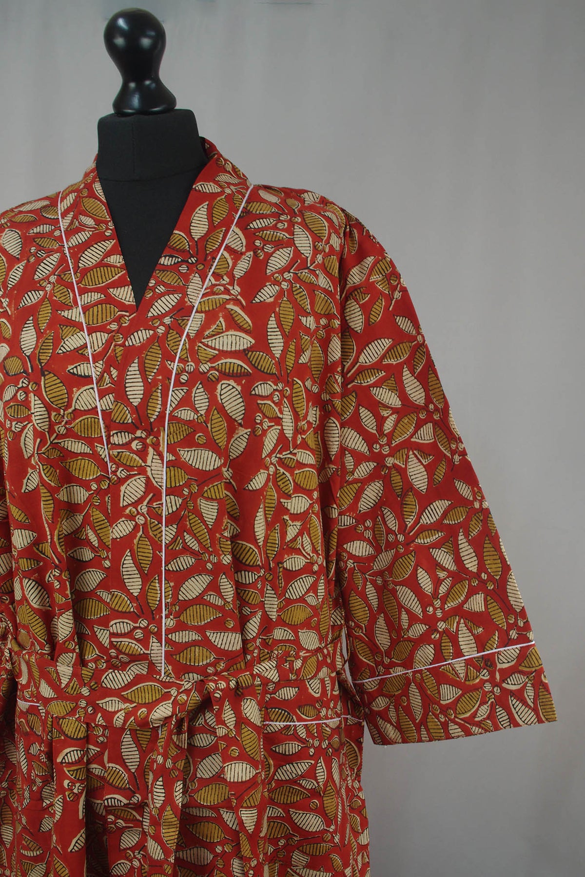 Leaves On Redish Brown Cotton Kimono Dressing Gown