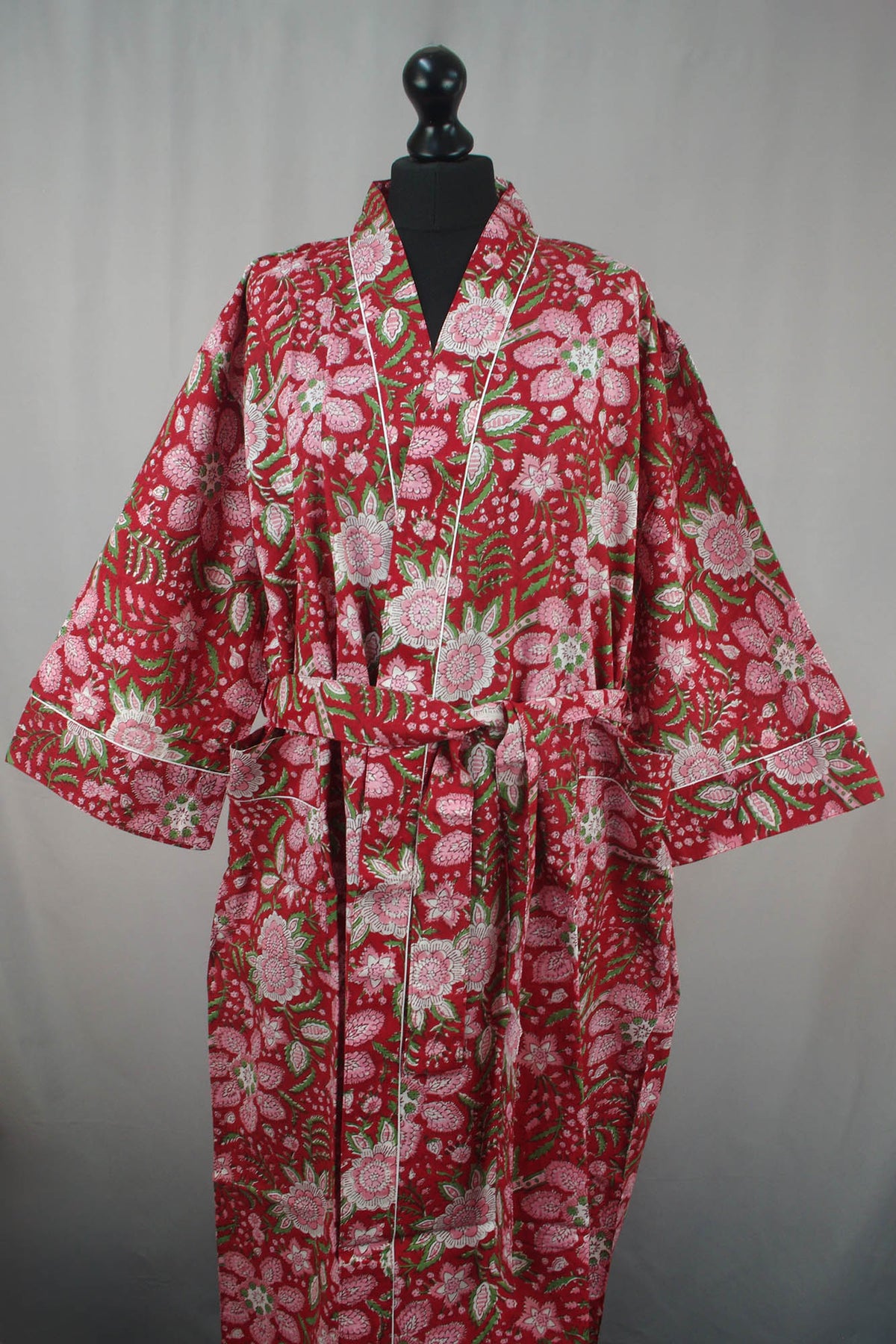 Flowers On Red Cotton Kimono Dressing Gown