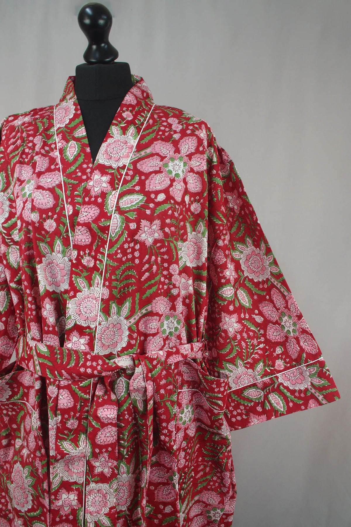 Flowers On Red Cotton Kimono Dressing Gown