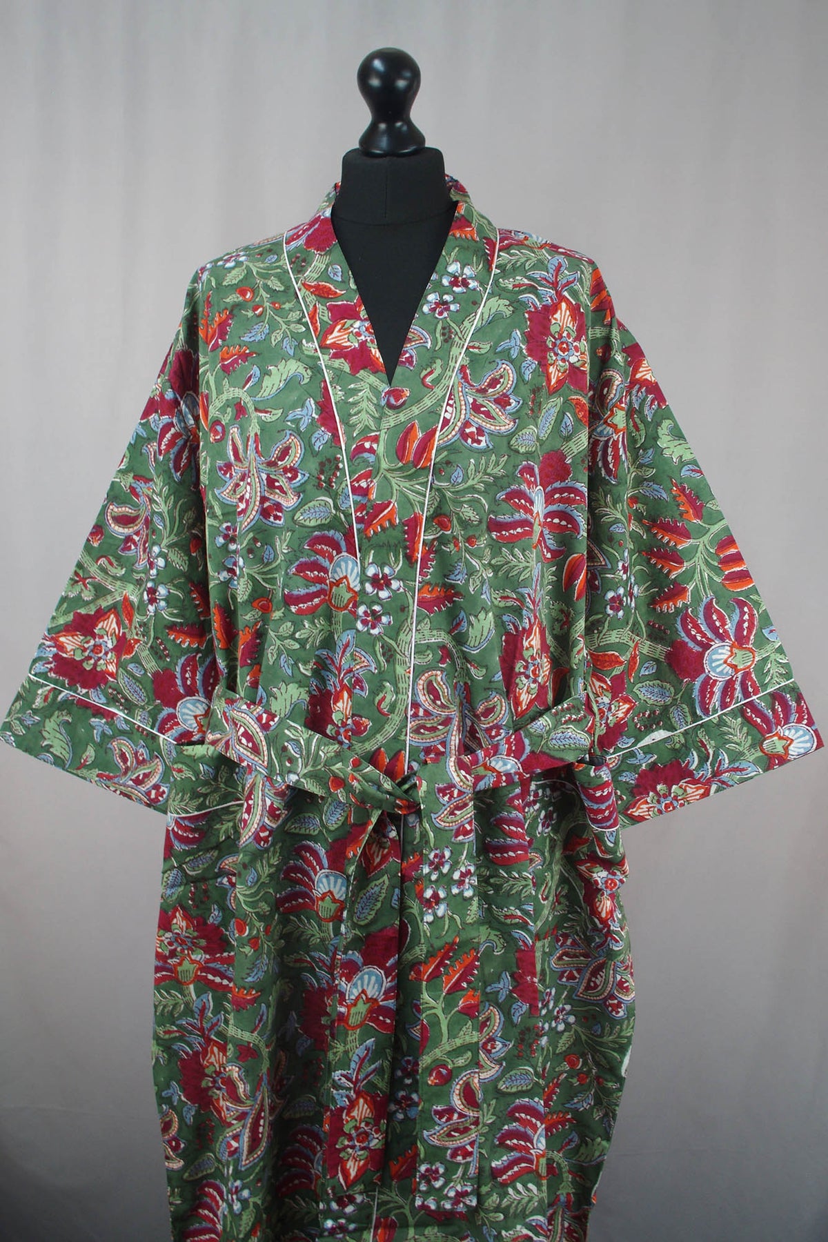 Wild Flowers On Green Cotton Kimono Dressing Gown