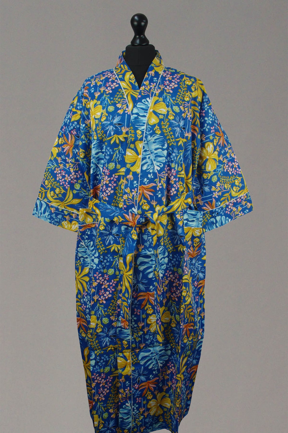 Ocean Blue Floral Cotton Kimono Dressing Gown