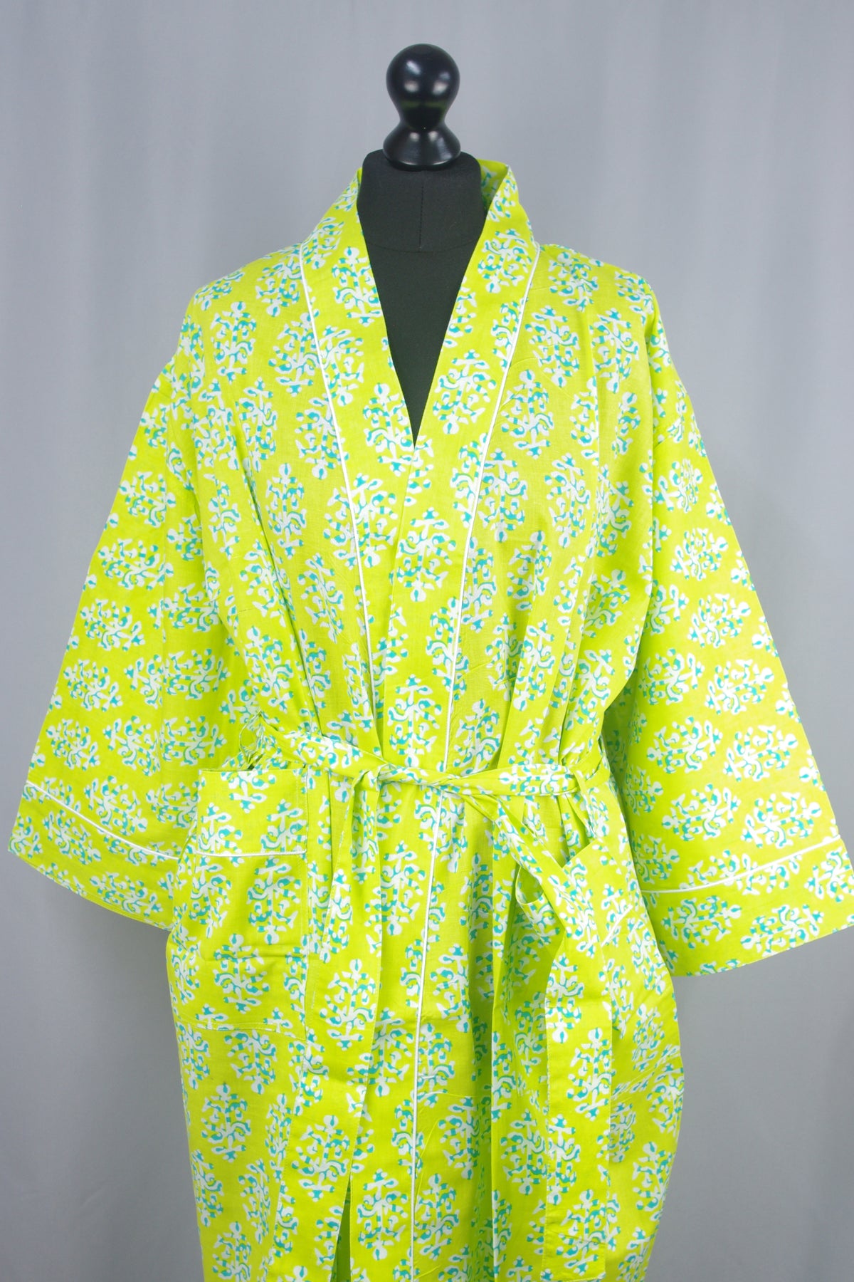 Green Floral Cotton Kimono Dressing Gown