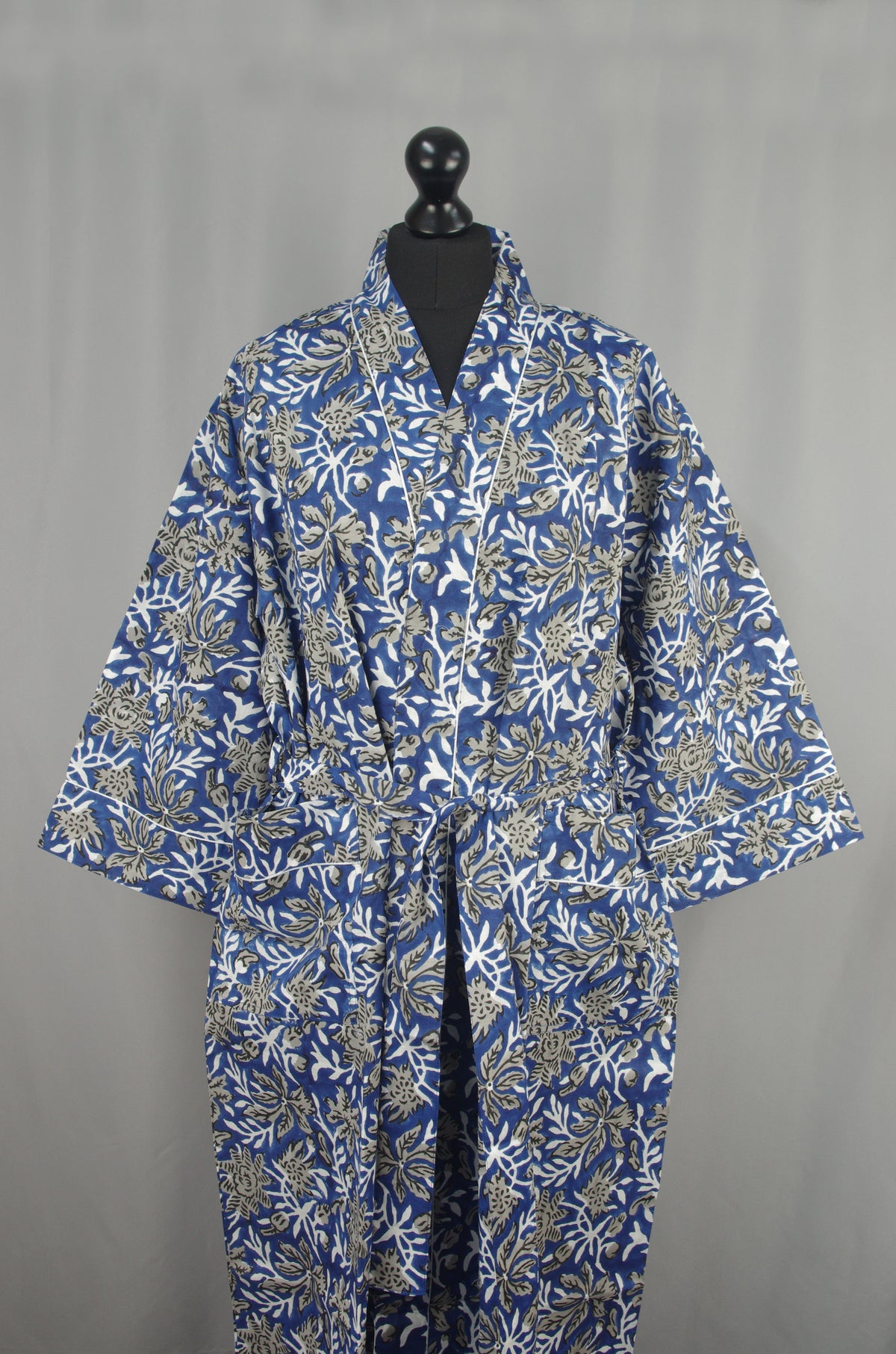 Grey Floral On Navy Blue Cotton Kimono Dressing Gown