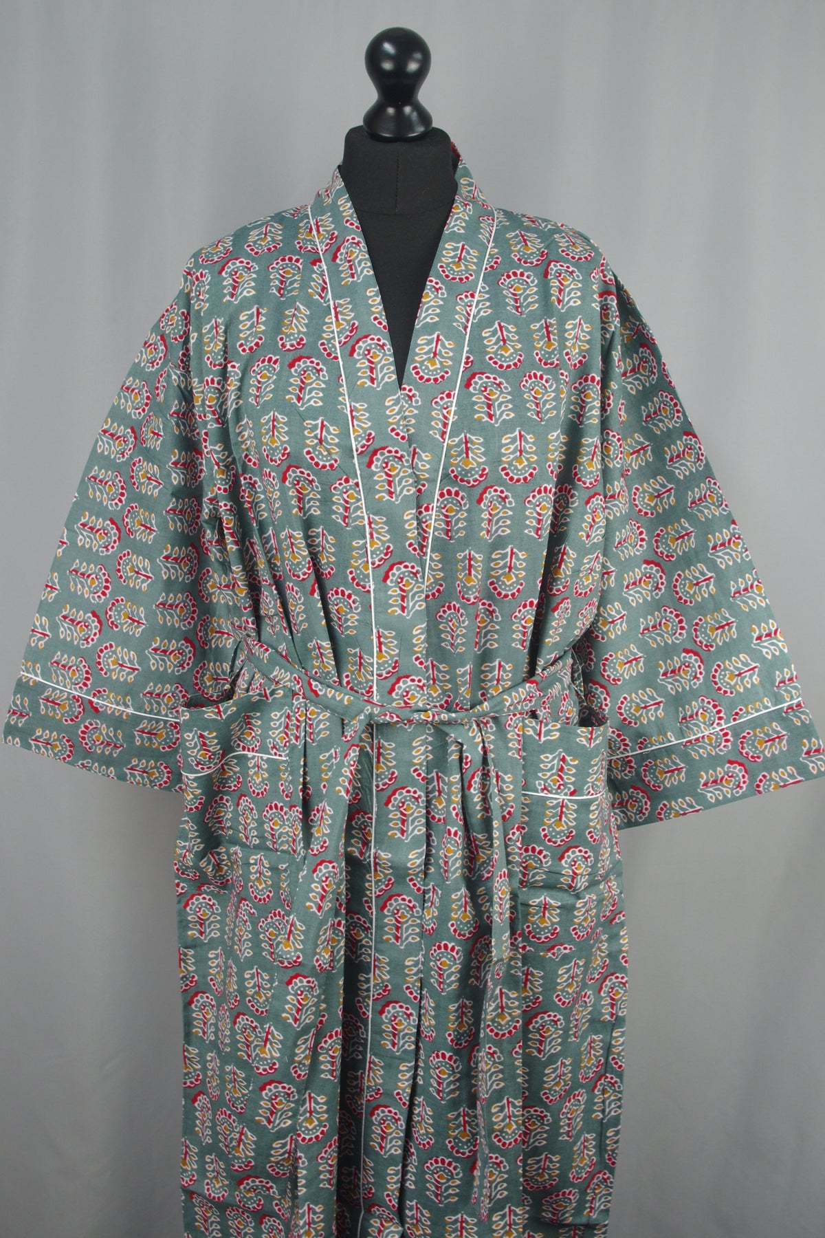 Green Motifs Cotton Kimono Dressing Gown