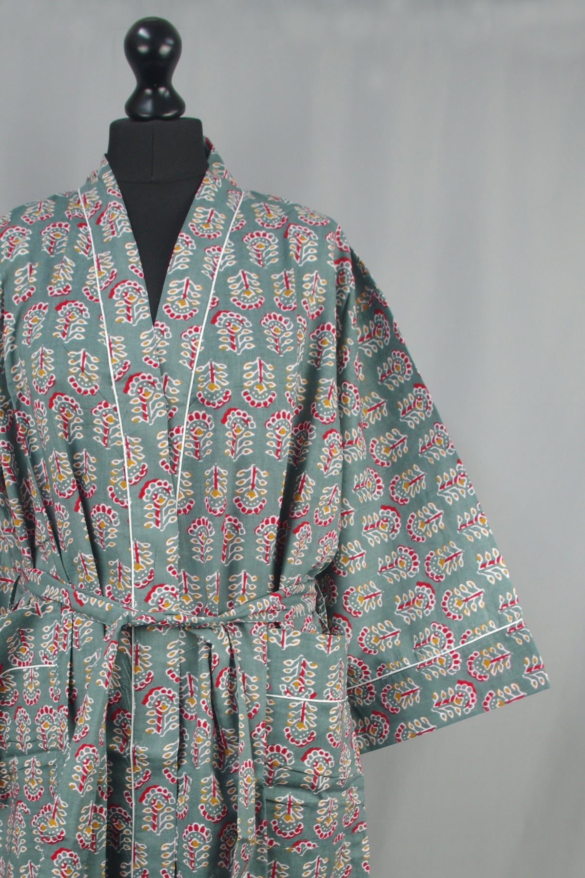 Green Motifs Cotton Kimono Dressing Gown