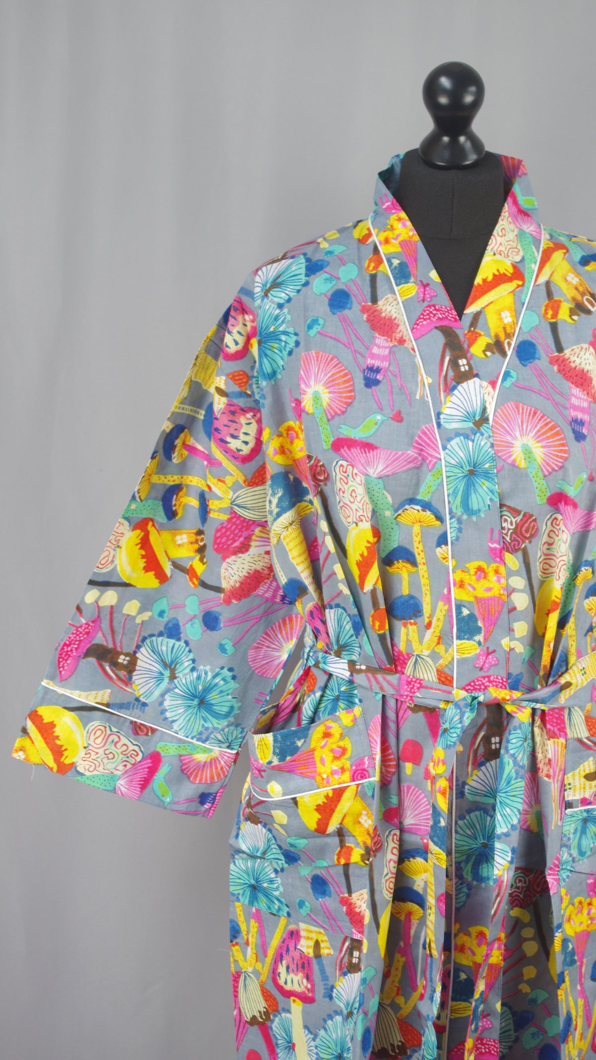 Multicolored Mushrooms On Grey Base Cotton Kimono Dressing Gown