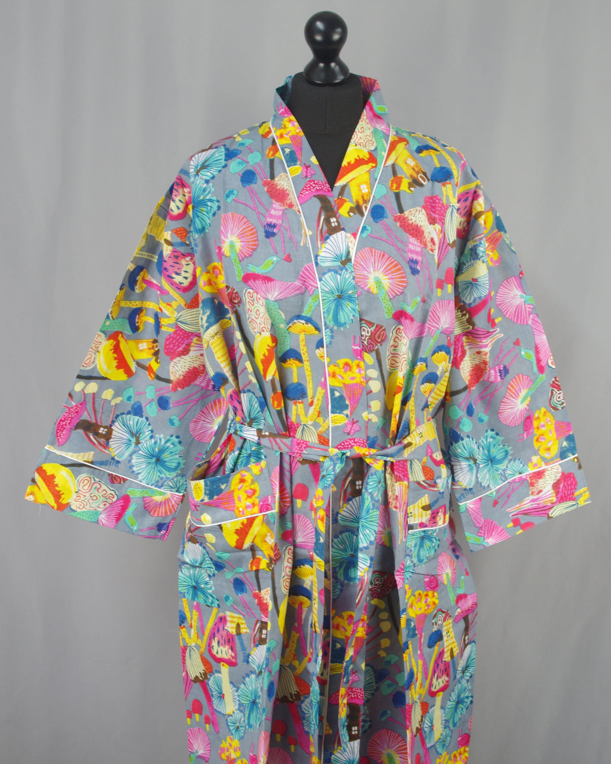 Multicolored Mushrooms On Grey Base Cotton Kimono Dressing Gown