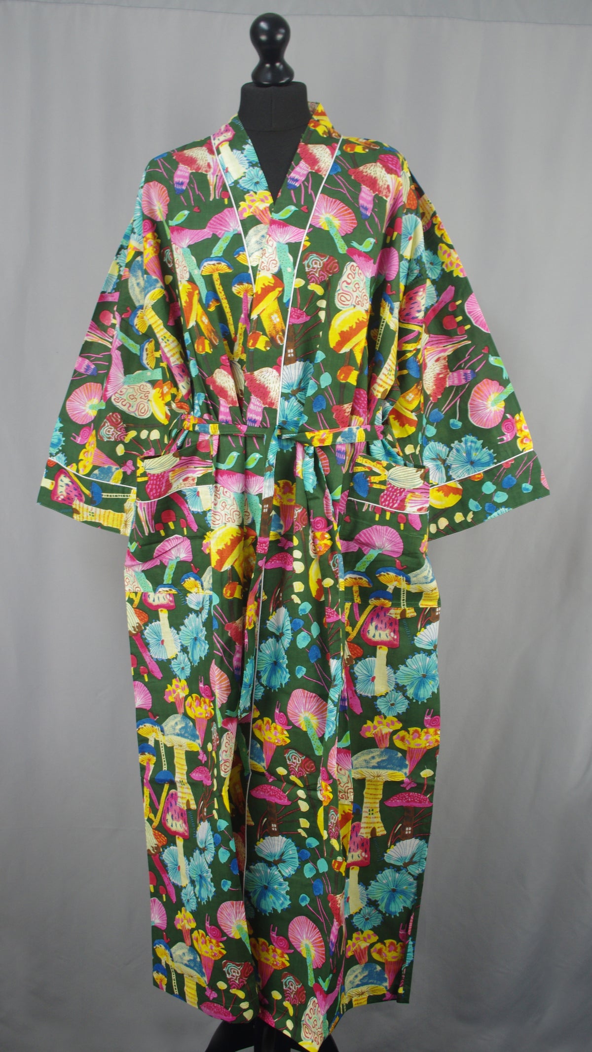 Multicolored Mushrooms On Green Base Cotton Kimono Dressing Gown