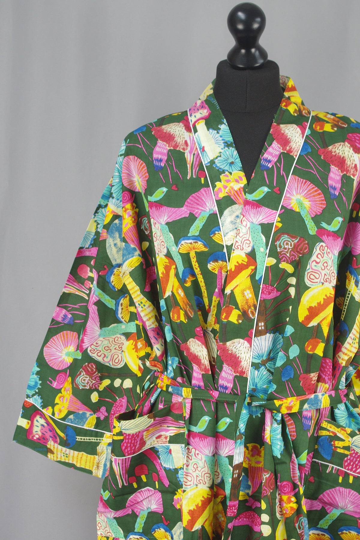 Multicolored Mushrooms On Green Base Cotton Kimono Dressing Gown