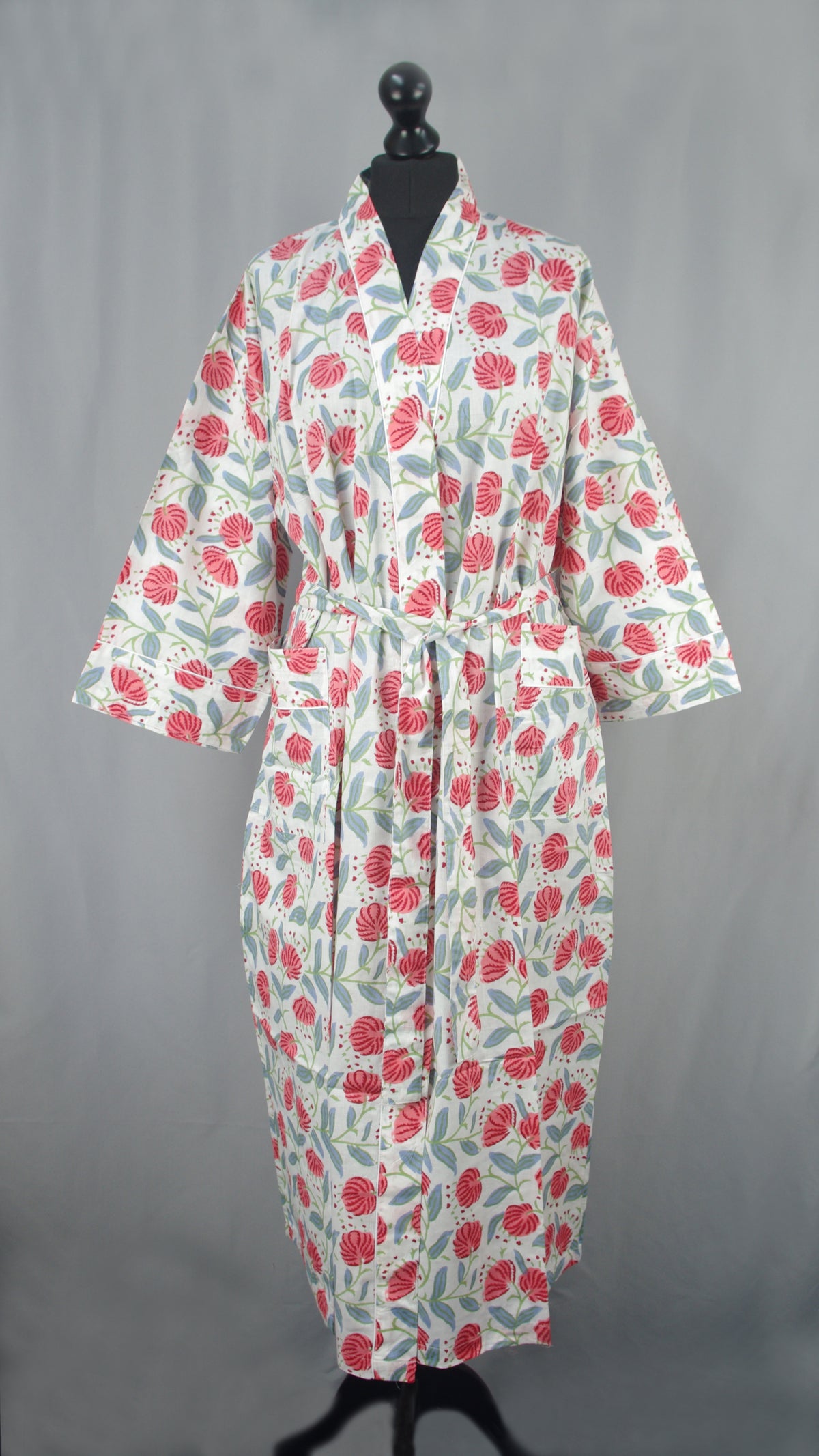 Red Dandelion On White Base Cotton Kimono Dressing Gown