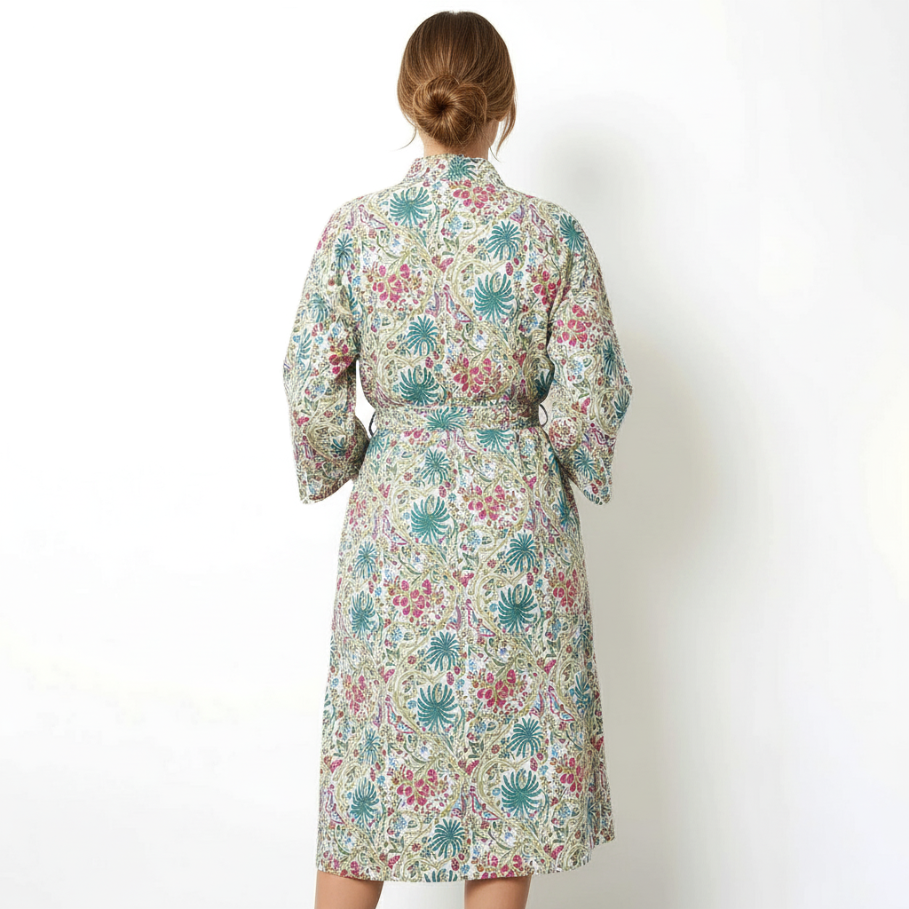 Palm Tree & Floral Print White Base Cotton Kimono Dressing Gown