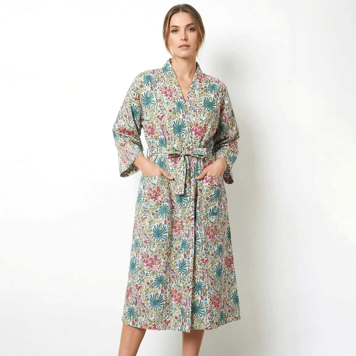 Palm Tree & Floral Print White Base Cotton Kimono Dressing Gown