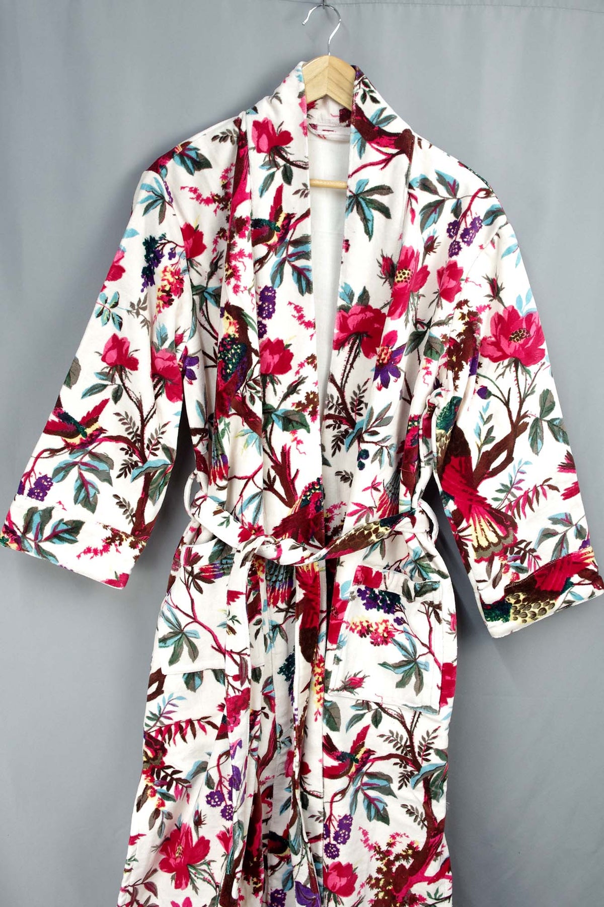 Luxury White Tropical Bird Velvet Kimono Boho Robe With Lining.