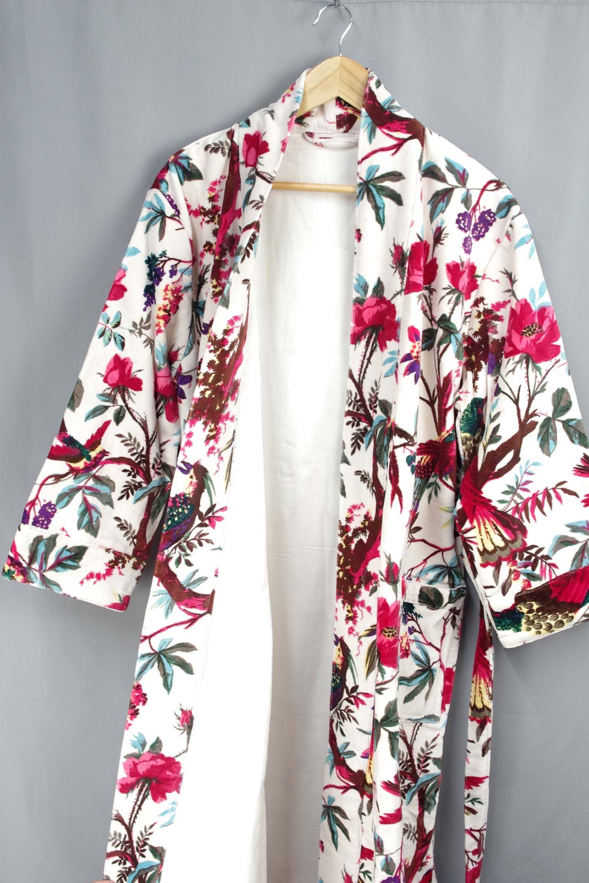 Luxury White Tropical Bird Velvet Kimono Boho Robe With Lining.