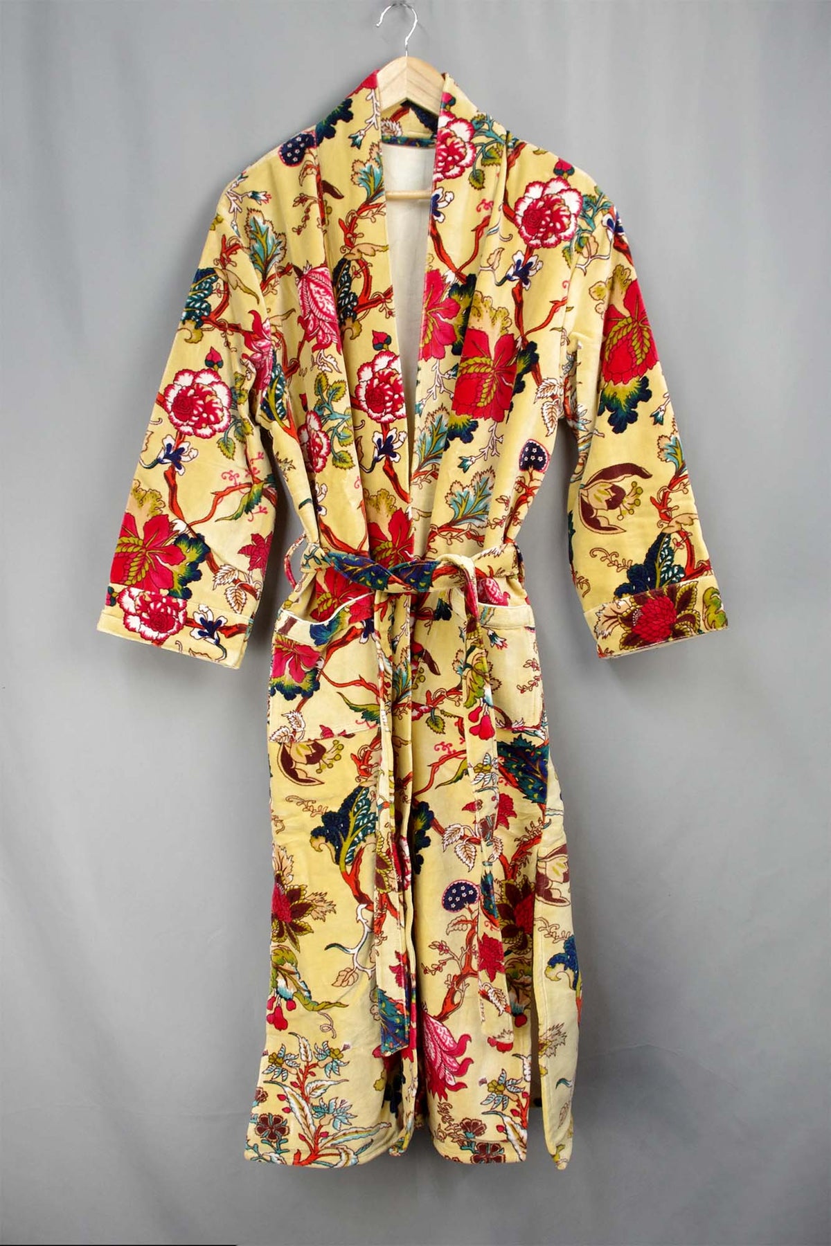 Luxury Yellow Tropical Floral Velvet Kimono Boho Robe With Lining.