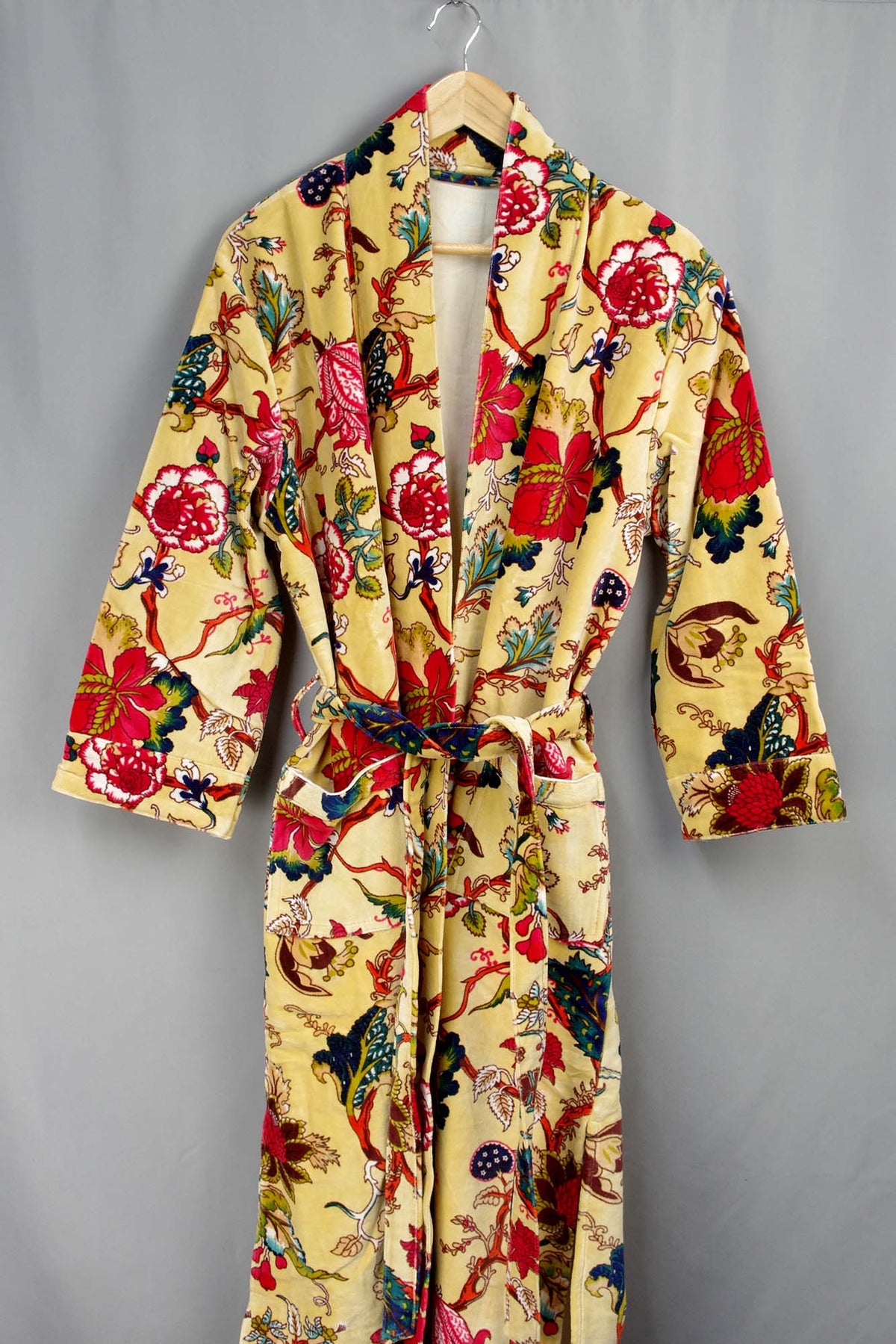 Luxury Yellow Tropical Floral Velvet Kimono Boho Robe With Lining.