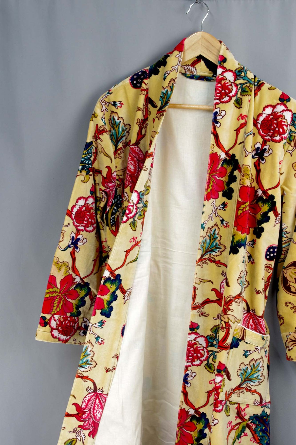 Luxury Yellow Tropical Floral Velvet Kimono Boho Robe With Lining.