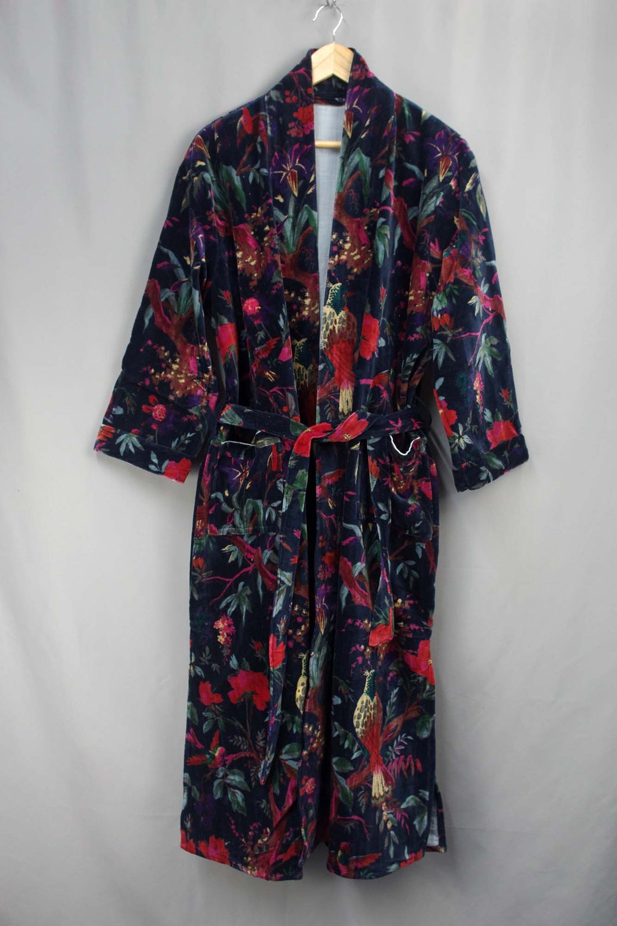 Luxury Navy Blue Bird Tropical Velvet Kimono Boho Robe With Lining.