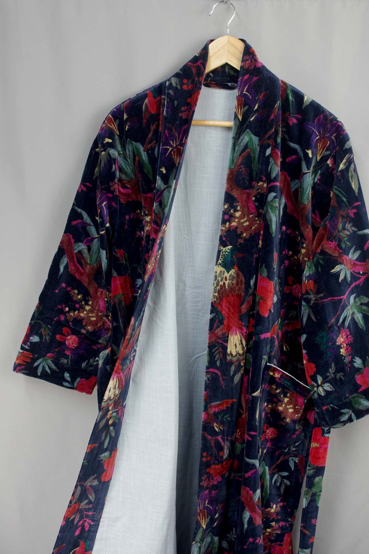 Luxury Navy Blue Bird Tropical Velvet Kimono Boho Robe With Lining.