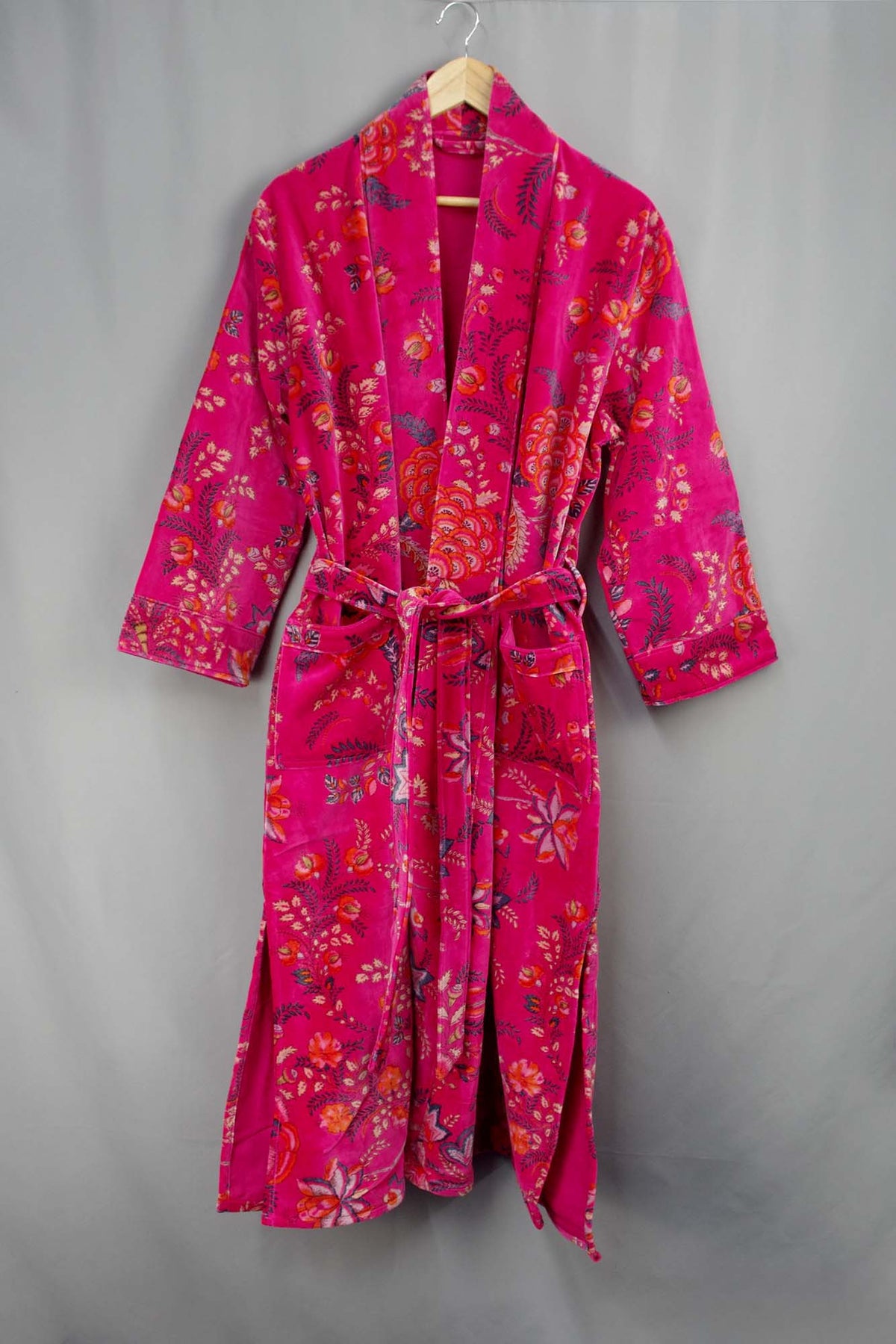 Luxury Hot Pink Floral Velvet Kimono Boho Robe With Lining.