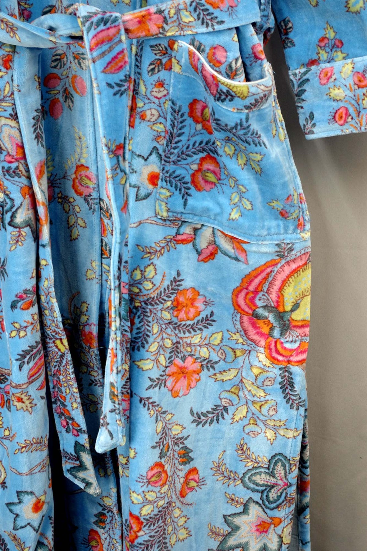 Luxury Blue Floral Velvet Kimono Boho Robe With Lining.