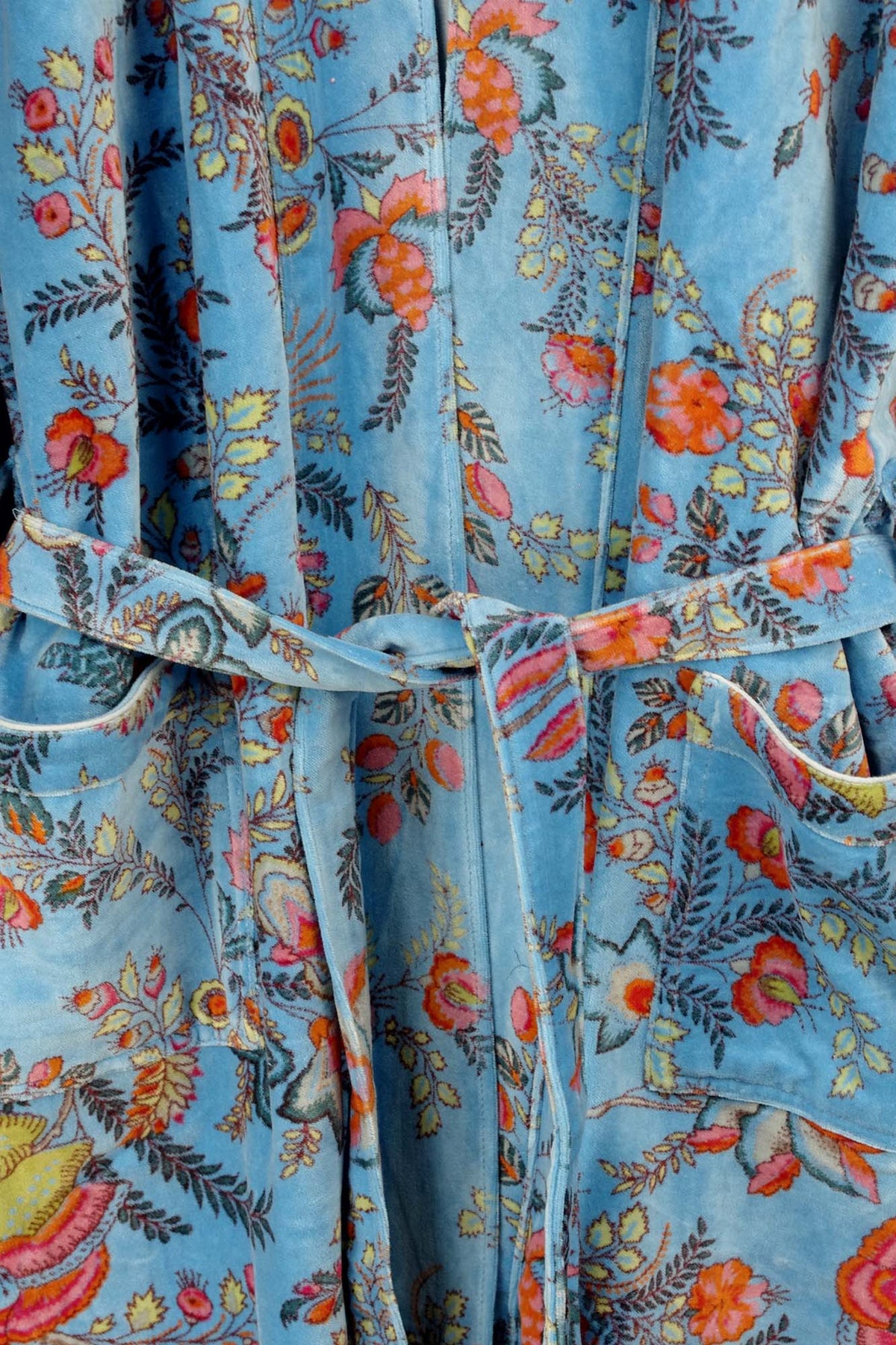 Luxury Blue Floral Velvet Kimono Boho Robe With Lining.