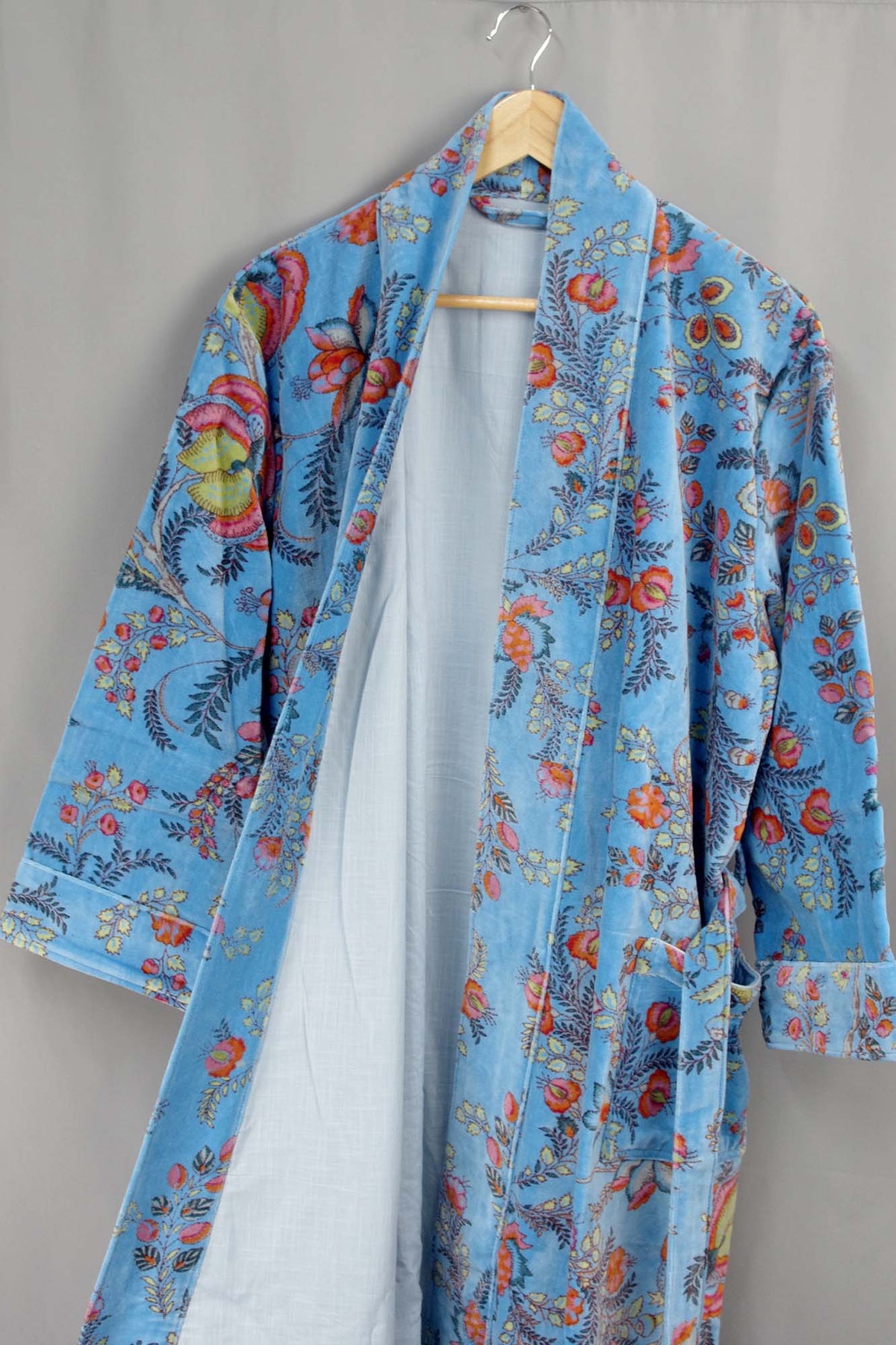 Luxury Blue Floral Velvet Kimono Boho Robe With Lining.