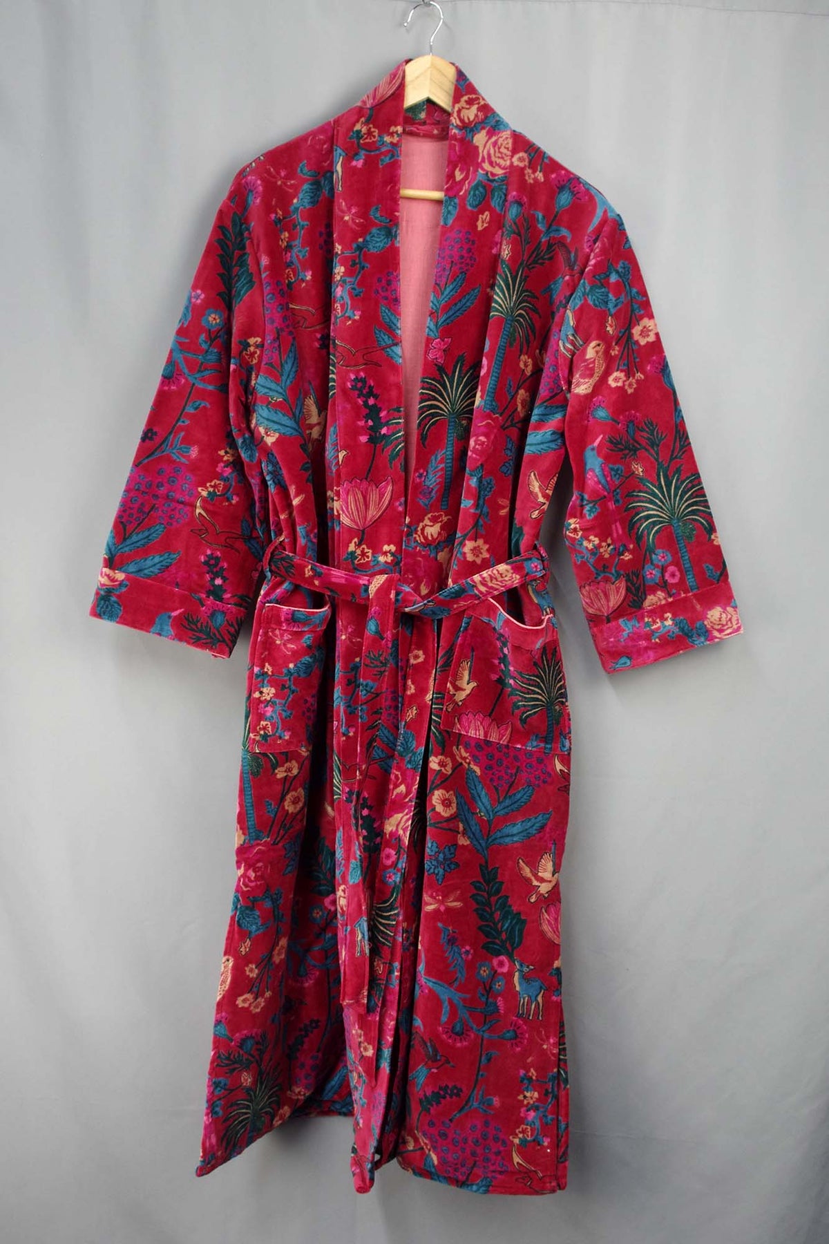 Luxury Maroon Red Tropical Floral Velvet Kimono Boho Robe With Lining.