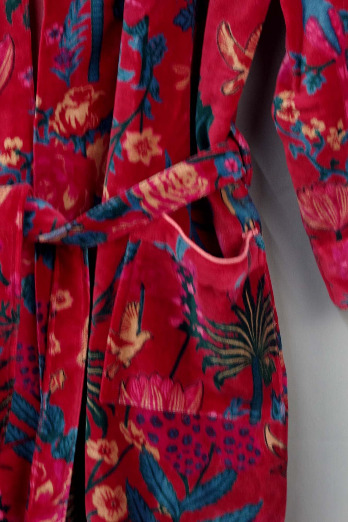 Luxury Maroon Red Tropical Floral Velvet Kimono Boho Robe With Lining.