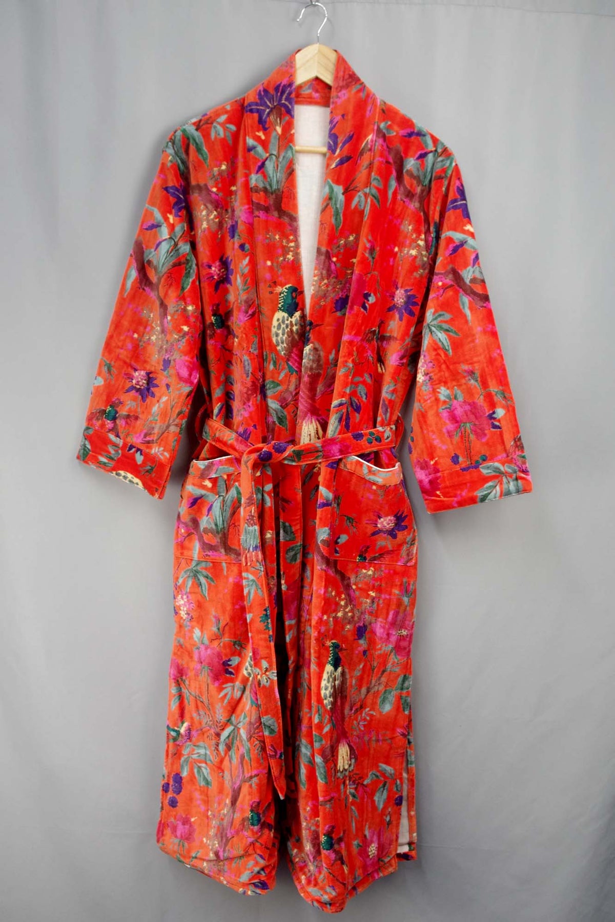 Luxury Orange Tropical Bird Print Velvet Kimono Boho Robe With Lining