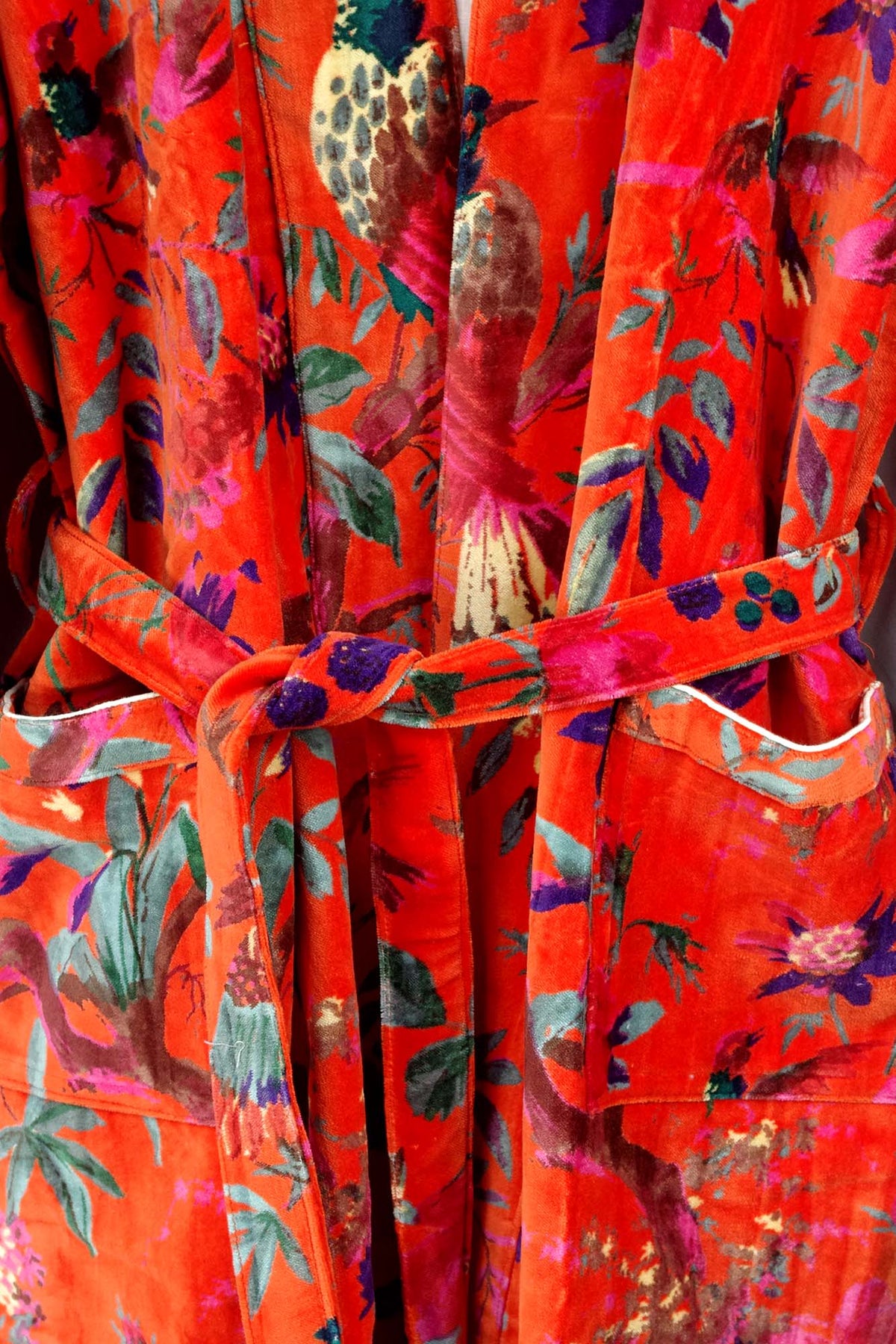 Luxury Orange Tropical Bird Print Velvet Kimono Boho Robe With Lining