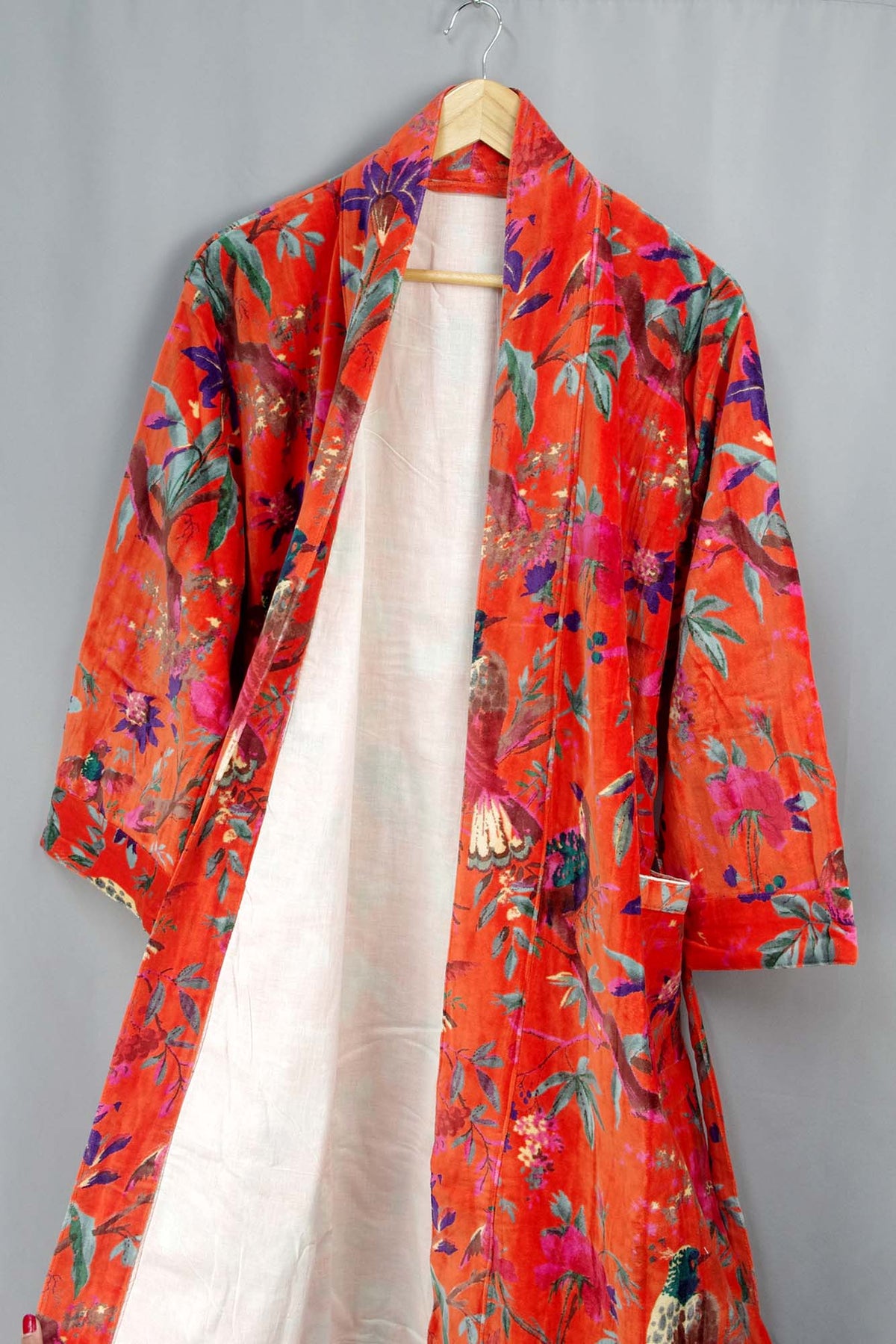 Luxury Orange Tropical Bird Print Velvet Kimono Boho Robe With Lining