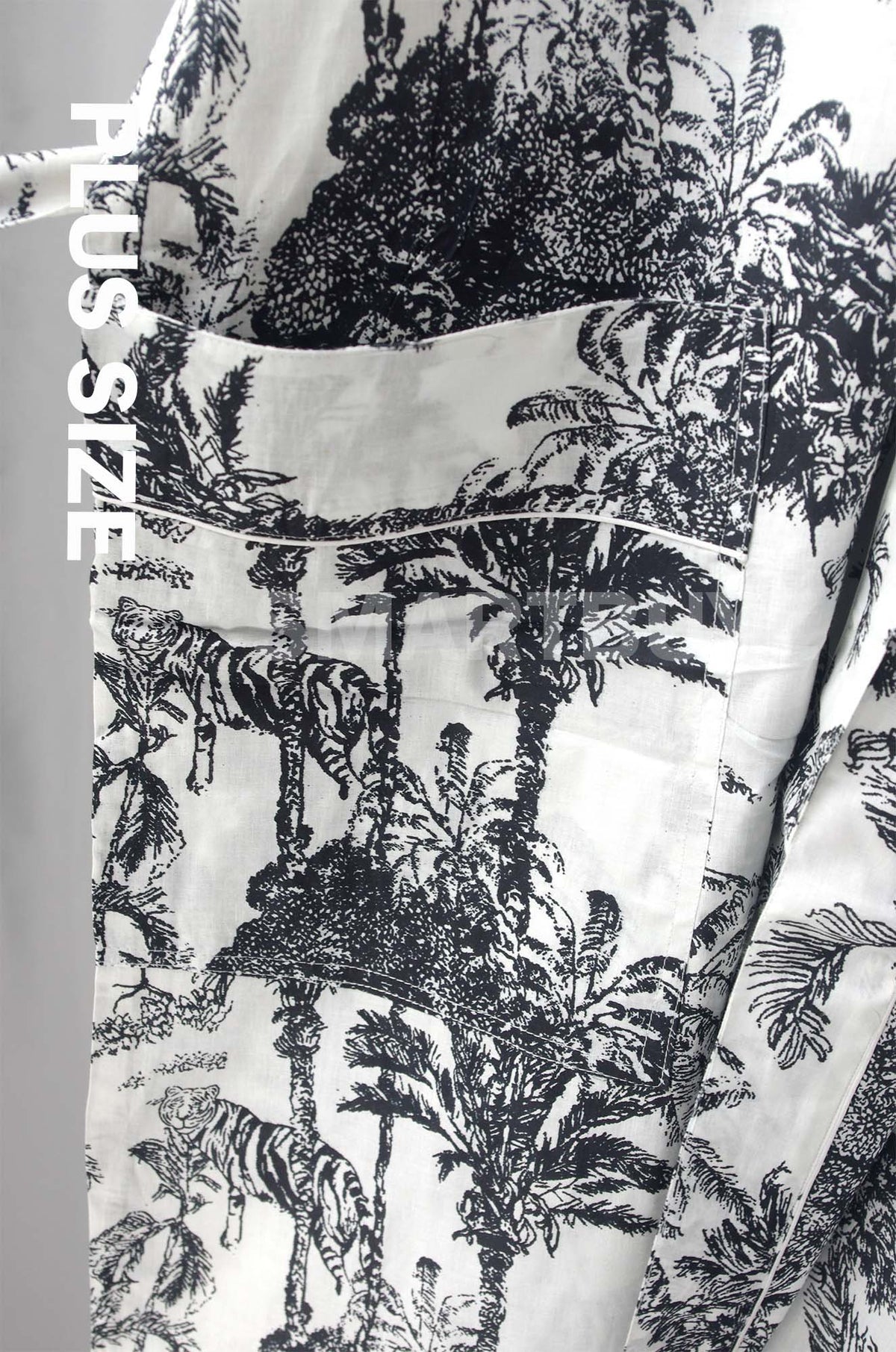 Plus Size Black Jungle Print Long Cotton Kimono Dressing Gown