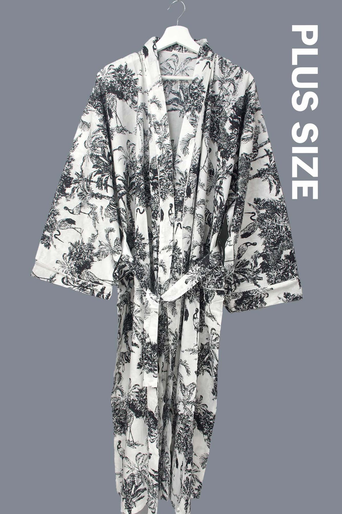 Plus Size Black Jungle Print Long Cotton Kimono Dressing Gown