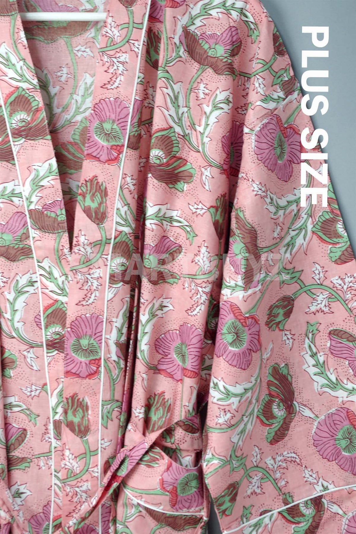 Plus Size Poppy Flowers Long Cotton Kimono Dressing Gown
