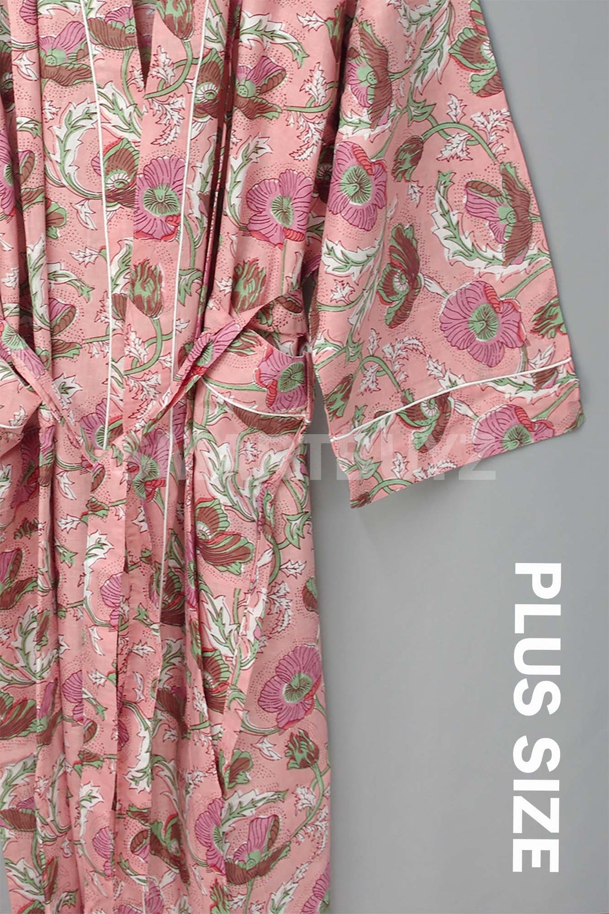 Plus Size Poppy Flowers Long Cotton Kimono Dressing Gown