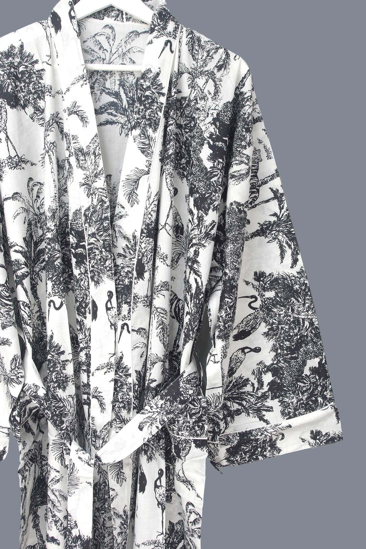 Black Jungle Print Cotton Kimono Dressing Gown