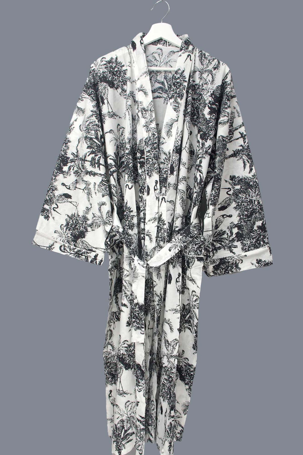 Black Jungle Print Cotton Kimono Dressing Gown