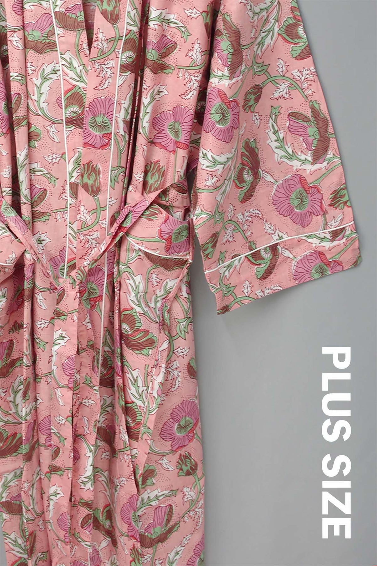 Plus Size Poppy Flowers Long Cotton Kimono Dressing Gown