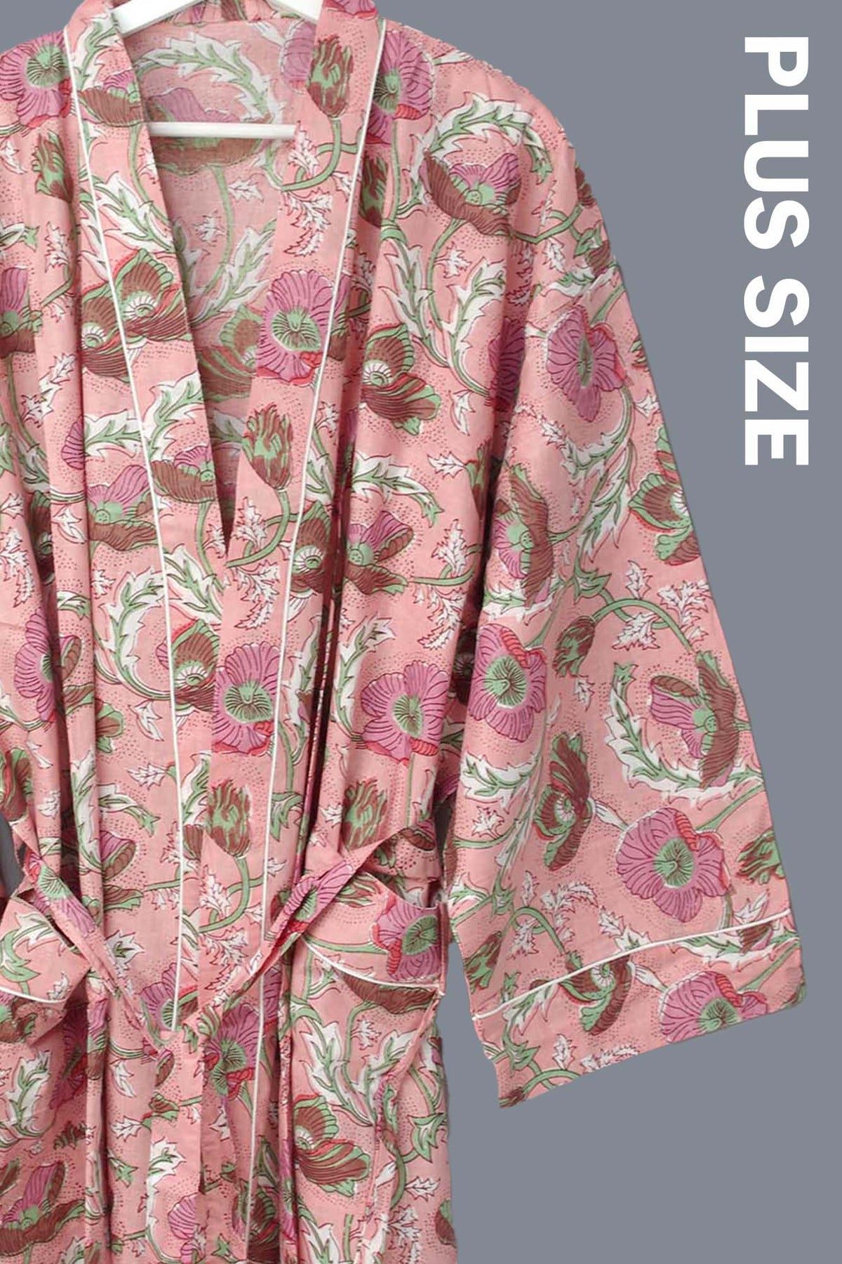 Plus Size Poppy Flowers Long Cotton Kimono Dressing Gown