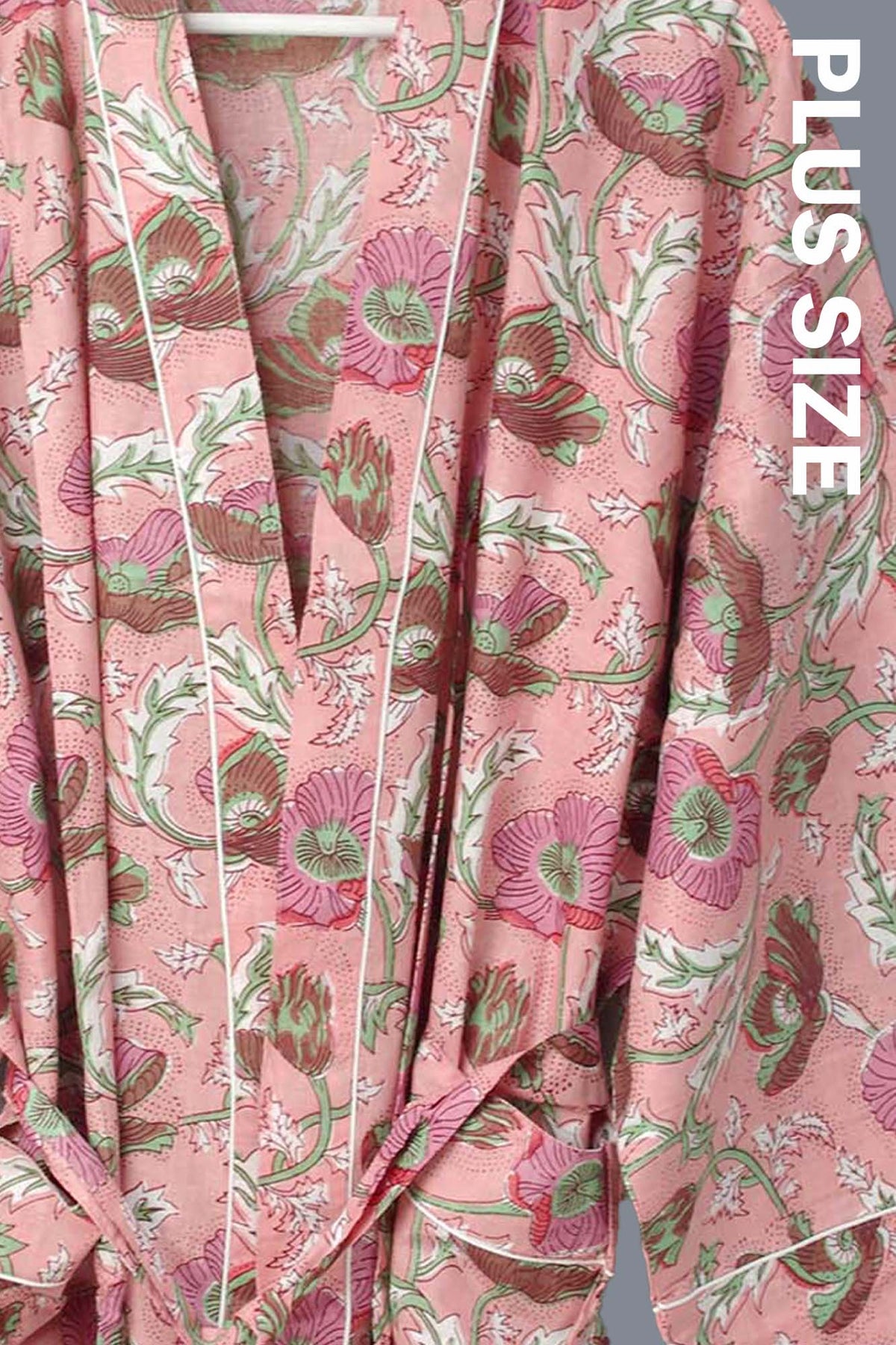 Plus Size Poppy Flowers Long Cotton Kimono Dressing Gown