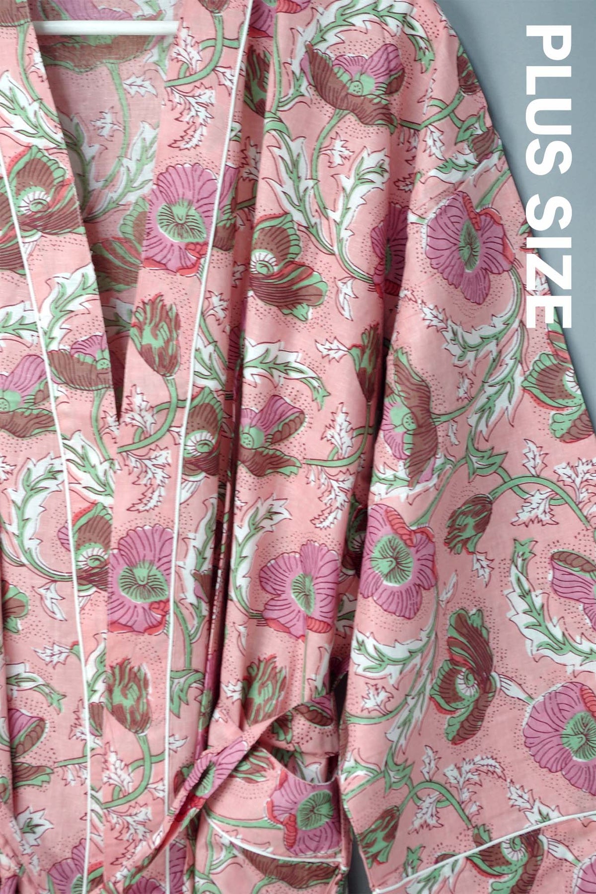 Plus Size Poppy Flowers Long Cotton Kimono Dressing Gown