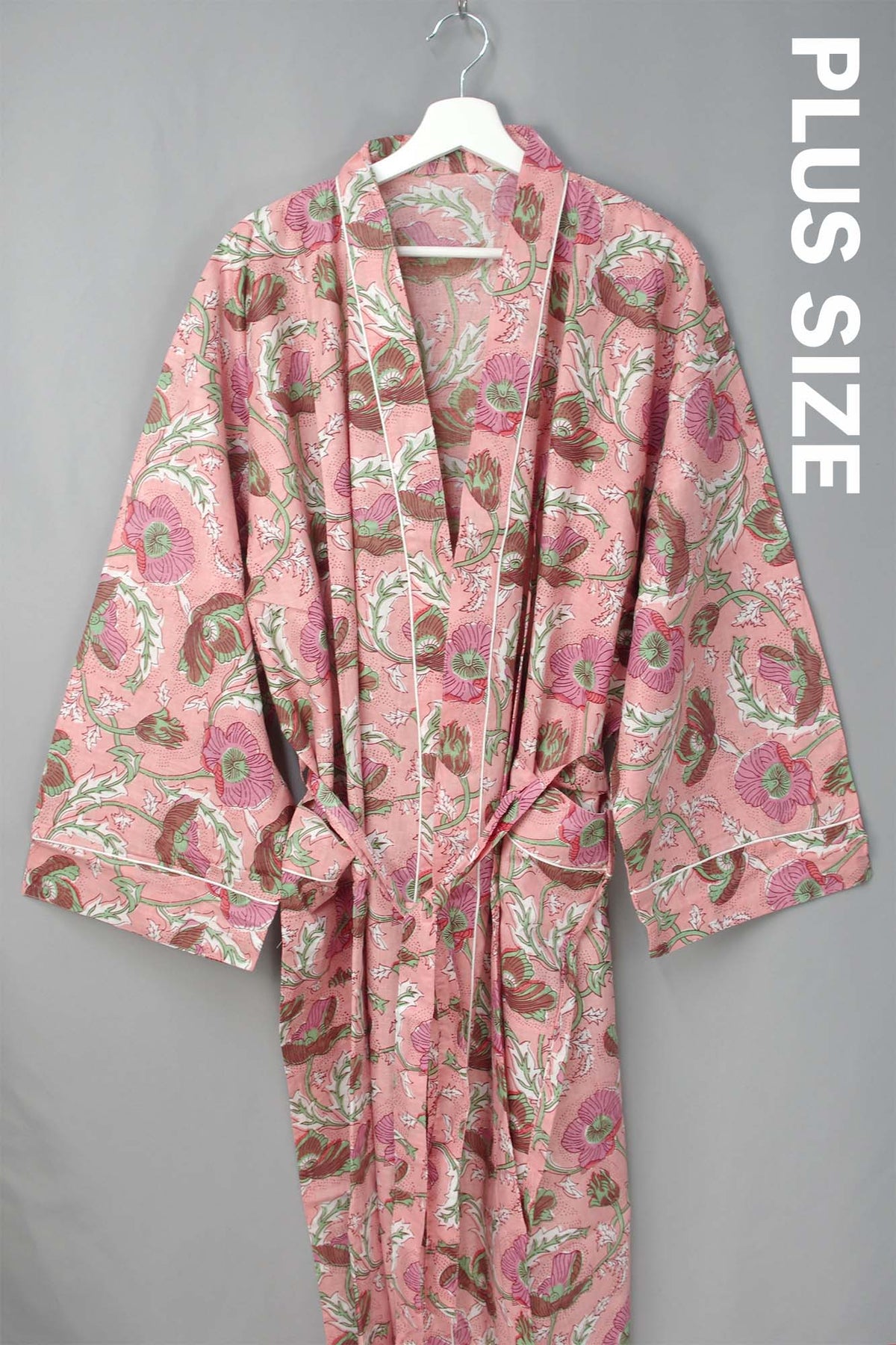 Plus Size Poppy Flowers Long Cotton Kimono Dressing Gown