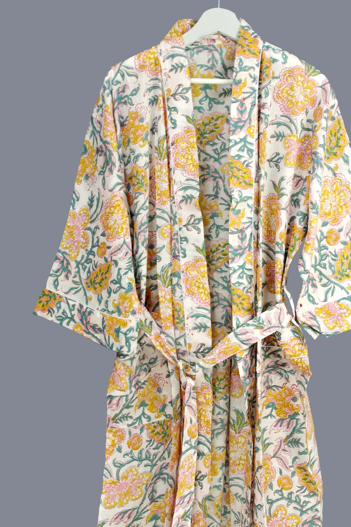 Yellow & White Blossom Block Print Cotton Kimono Dressing Gown