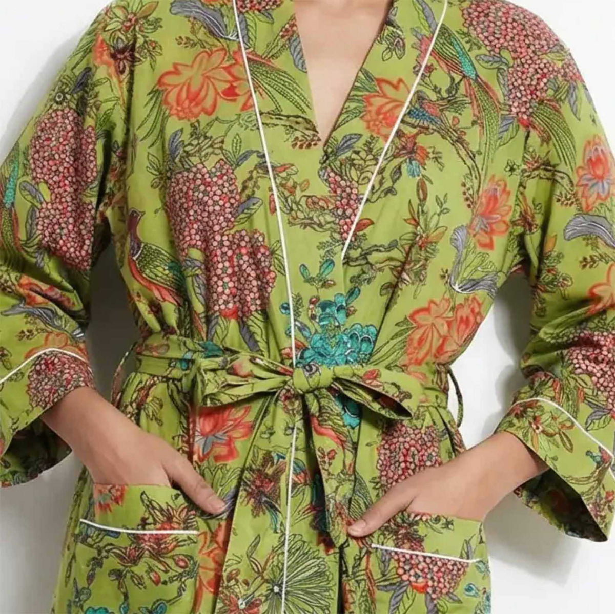 Green Bird Print Block Print Cotton Kimono Dressing Gown