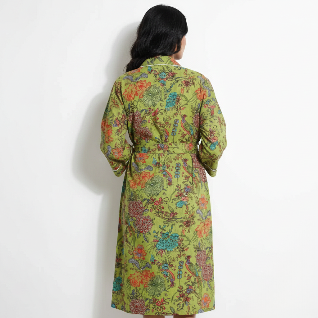 Green Bird Print Block Print Cotton Kimono Dressing Gown