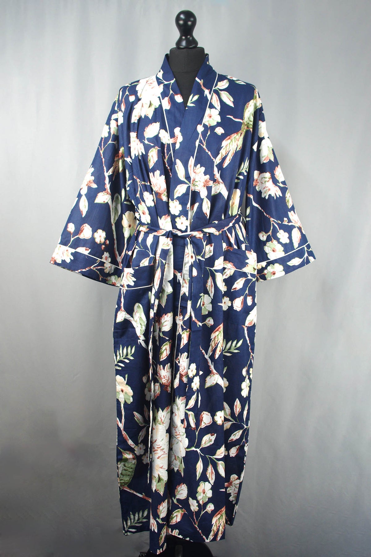 Navy Blue Floral Pattern Long Cotton Kimono Dressing Gown