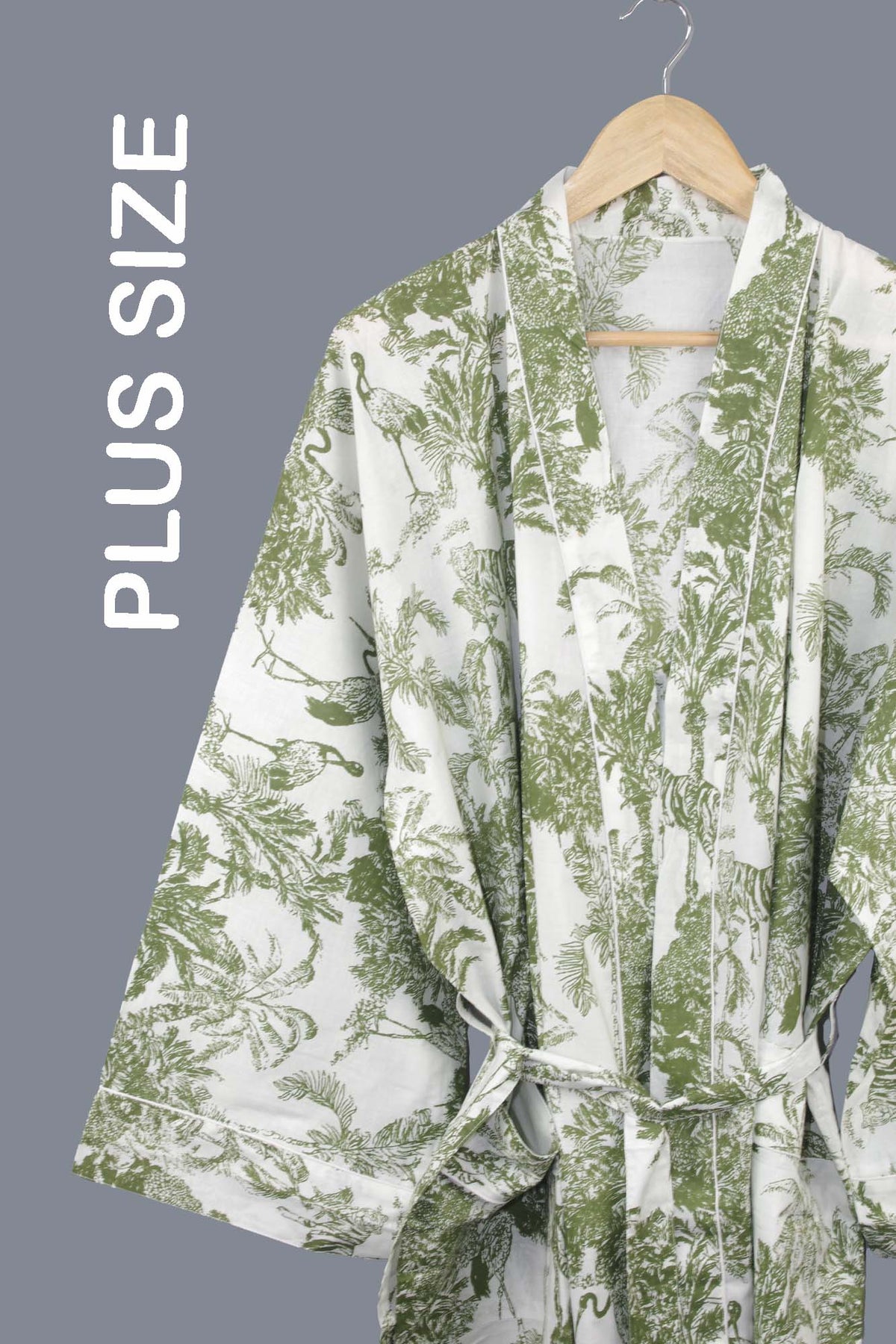 Plus Size Olive Green Jungle Print Long Cotton Kimono Dressing Gown