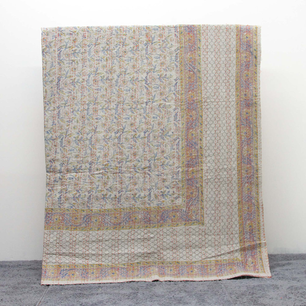 Indian Cotton Kantha Quilt Queen Bed Bedspread - Grey Floral