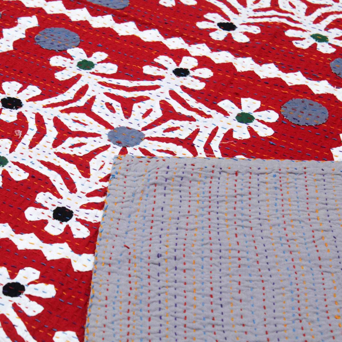 Red & White Snowflake Indian Applique Cutwork Kantha Embroidered Applique Bedspread,Queen Size